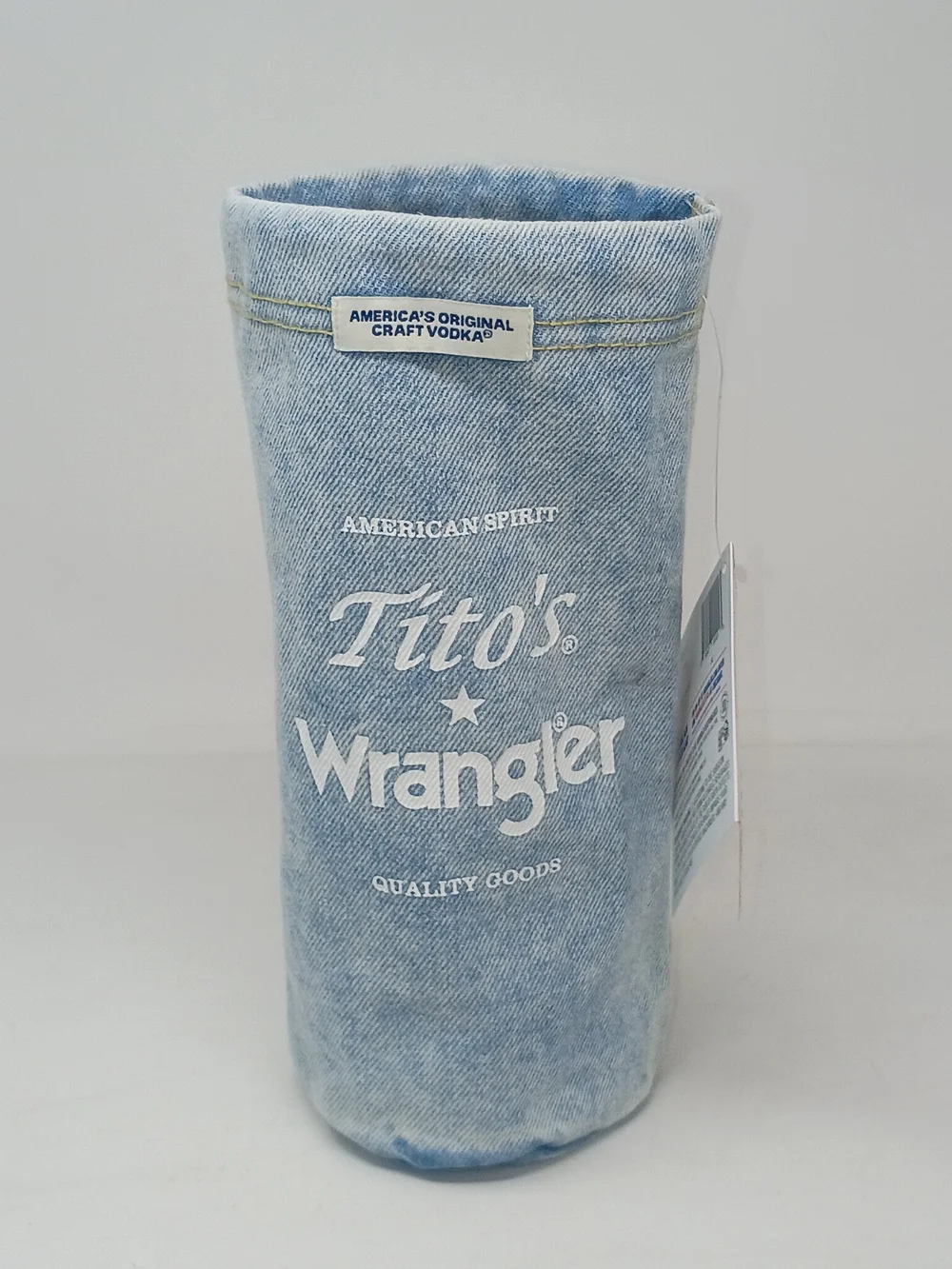 Wrangler Light Blue Denim Bottle Holder with Tito's Patch And Drawstring